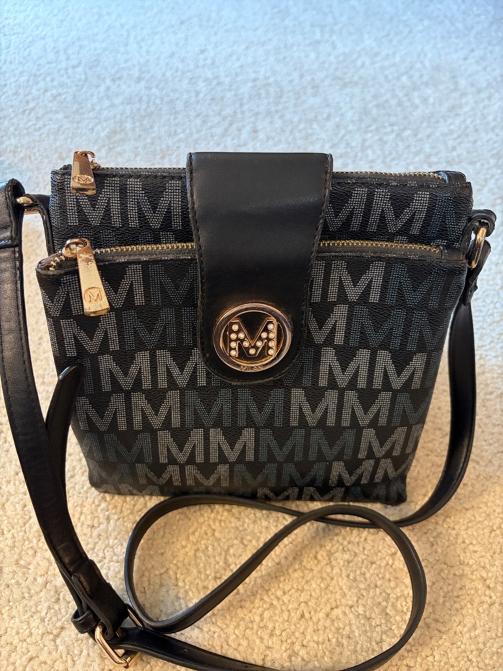 MKF Collection By Mia K Faux Leather MM Monogrammed Navy Blue & Black Crossbody